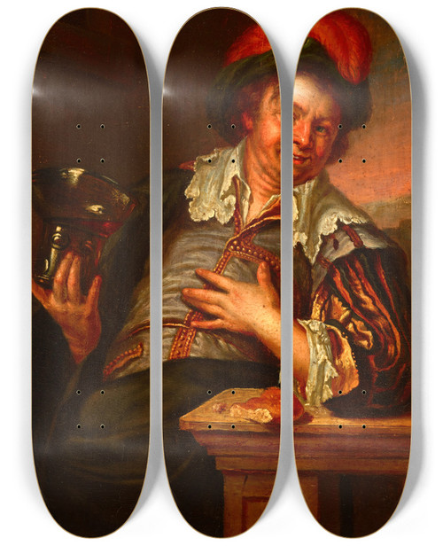 Triptych art skateboard deck of Jacob Toorenvliet Man With A Cup by Jacob Toorenvliet (1640-1719)