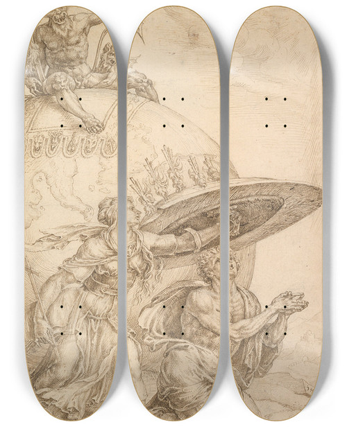 Triptych art skateboard deck of Maarten Van Heemskerck Man Protected By The Shield Of Faith by Maarten Van Heemskerck (1498-1574)