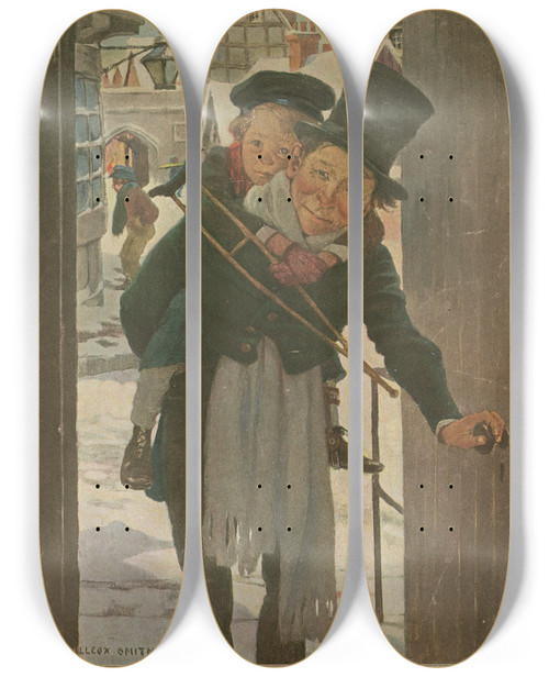Triptych art skateboard deck of Jessie Willcox Smith Tiny Tim And Bob Cratchit On Christmas Day by Jessie Willcox Smith (1863-1935)