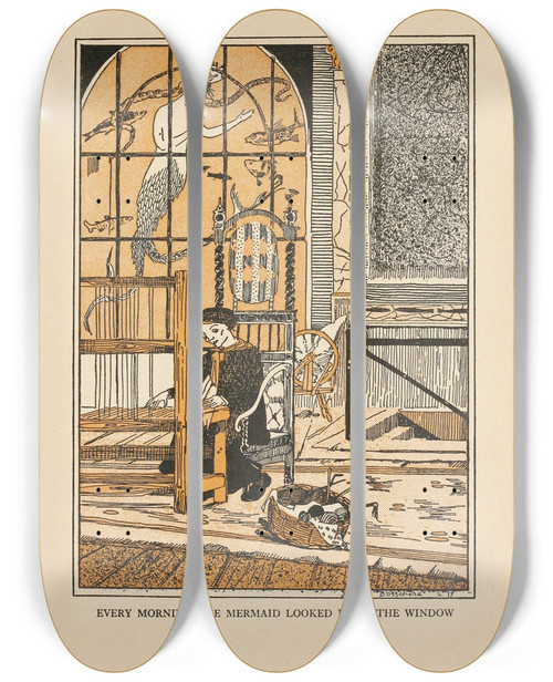 Triptych art skateboard deck of Jean De Bosschre Every Morning The Mermaid Looked In At The Window by Jean de Bosschre (1878-1953)