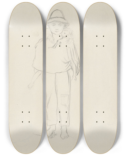 Triptych art skateboard deck of Jn Novk Figurlna Tdia Chlapek Nesci Diea by Jan Novak (1921-1944)