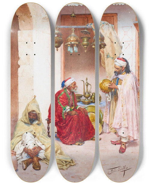 Triptych art skateboard deck of Giulio Rosati In The Souk by Giulio Rosati (1858-1917)