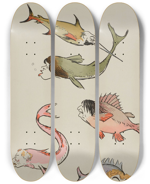 Triptych art skateboard deck of Georges Goursat Sem Cinq Poissons Personnages Non Identifis by Georges Goursat (Sem) (1863-1934)