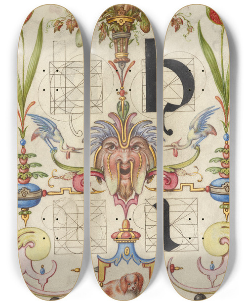 Triptych art skateboard deck of Joris Hoefnagel Guide For Constructing The Letters H And I by Joris Hoefnagel (1542-1600)