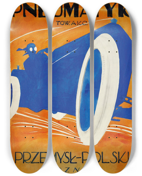 Triptych art skateboard deck of Jerzy Gelbard Pneumatyk Tow Akc Przemys Polski Pozna by Jerzy Gelbard (1894-1944)