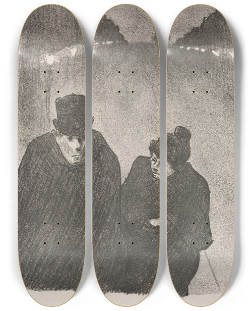 Triptych art skateboard deck of Henrigabriel Ibels Ah Its True My Poor Old Man You Would Be The First To Whom I Would Have Made To Miss His Bus But Ill Miss My Bus My Customers Have Never Missed Their Bus by Henri-Gabriel Ibels (1867-1936)