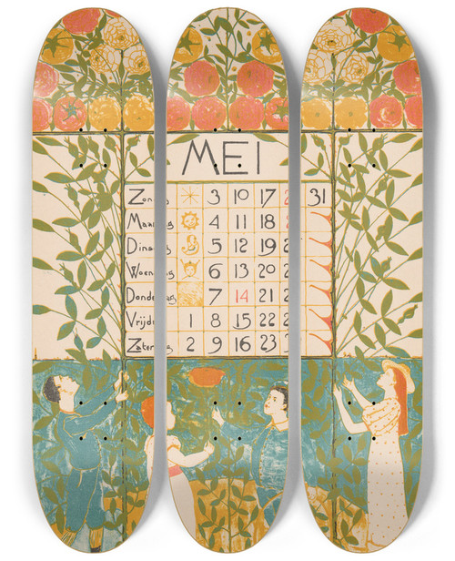 Triptych art skateboard deck of Theo Nieuwenhuis Kalenderblad Voor Mei 1896 by Theo Nieuwenhuis (1866-1951)