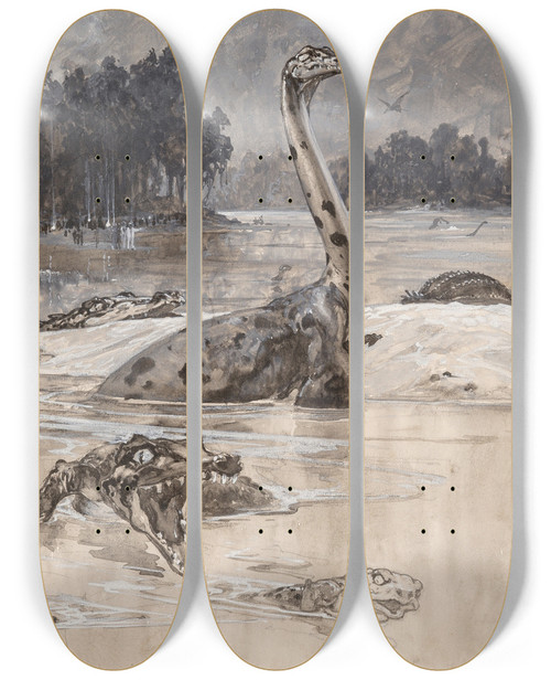 Triptych art skateboard deck of Harry Rountree The Lost World by Harry Rountree (1878-1950)