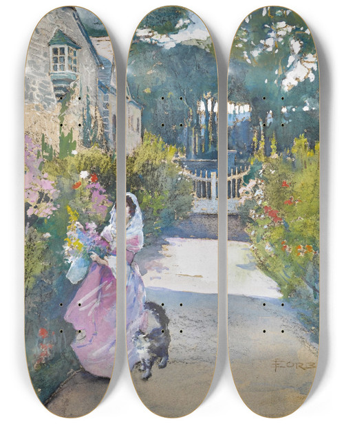 Triptych art skateboard deck of Elizabeth Adela Forbes Picking Flowers by Elizabeth Adela Forbes (1859-1912)