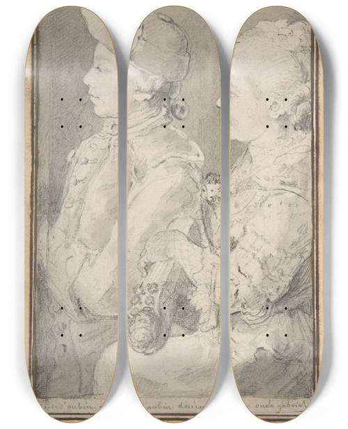 Triptych art skateboard deck of Gabriel De Saintaubin Germainaugustin And Rose De Saintaubin Drawn By Their Uncle by Gabriel de Saint-Aubin (1724-1780)