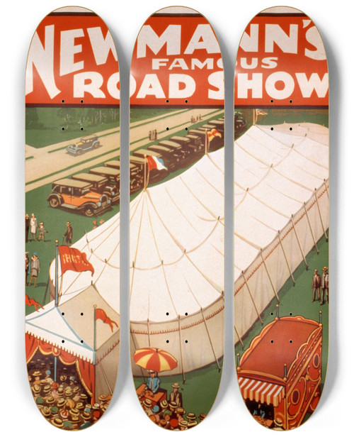 Triptych art skateboard deck of Donaldson Lith Co Newmanns Famous Road Show by Donaldson Lith Co (1863)