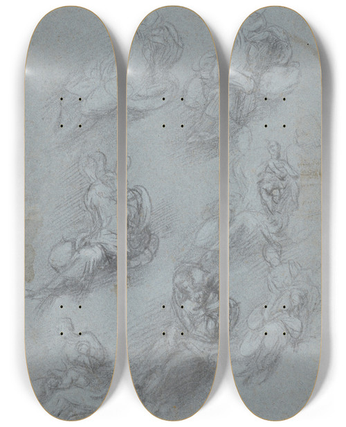 Triptych art skateboard deck of Camillo Boccaccino Studies For The Virgin And Child Recto by Camillo Boccaccino (1504-1546)