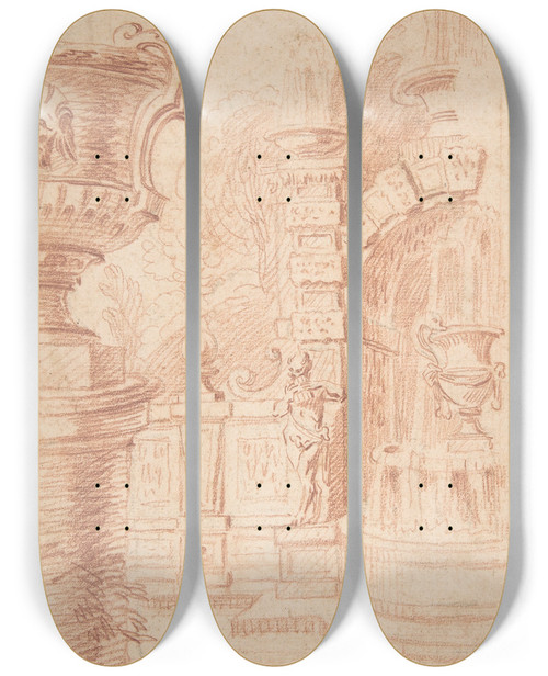 Triptych art skateboard deck of Gillesmarie Oppenord Study For A Garden Capriccio by Gilles Marie Oppenord (1672-1742)