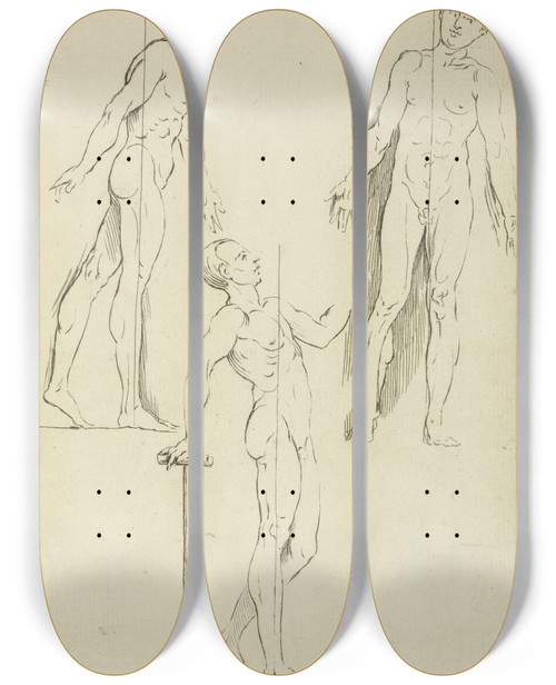 Triptych art skateboard deck of Peter Paul Rubens Three Standing Figures Seen From Side And Front by Peter Paul Rubens (1577-1640)