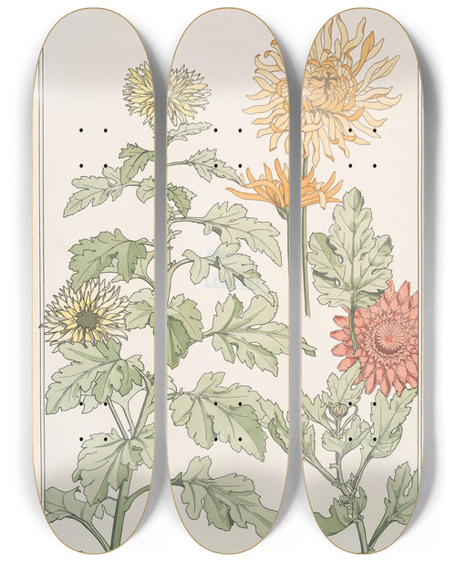 Triptych art skateboard deck of Maurice Pillard Verneuil Chrysanthme by Maurice Pillard Verneuil (1869-1942)