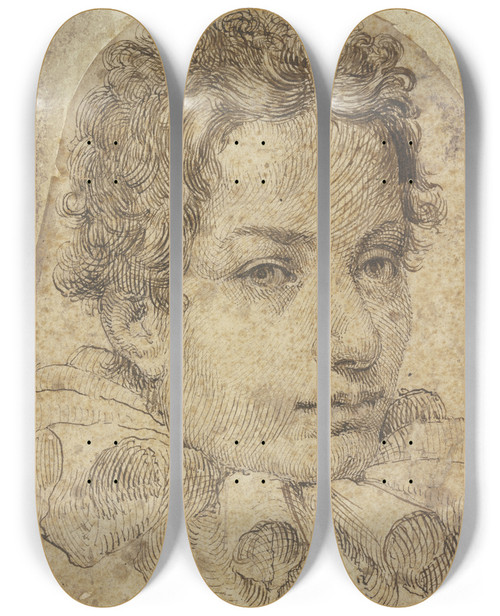 Triptych art skateboard deck of Ludovico Carracci Young Man With Ruff by Ludovico Carracci (1555-1619)
