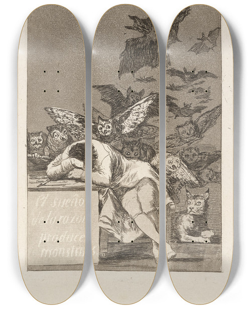 Triptych art skateboard deck of Francisco De Goya El Sueo De La Razon Produce Monstruos The Sleep Of Reason Produces Monsters by Francisco de Goya (1746-1828)