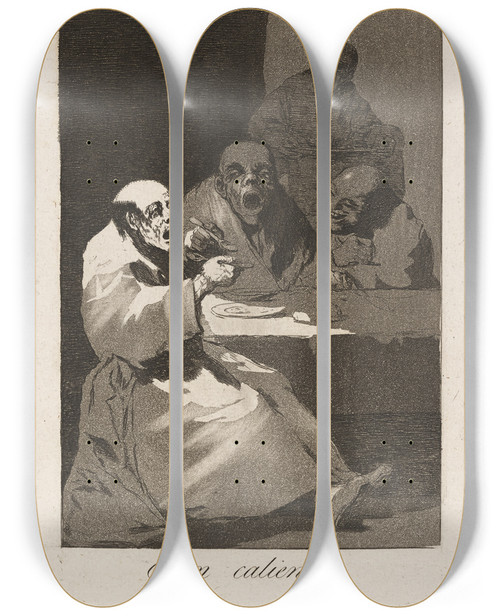 Triptych art skateboard deck of Francisco De Goya Estan Calientes They Are Hot by Francisco de Goya (1746-1828)