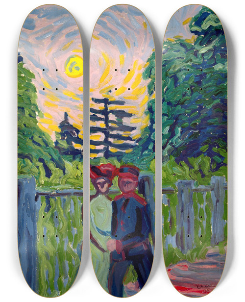 Triptych art skateboard deck of Ernst Ludwig Kirchner Moonrise Soldier And Maiden by Ernst Ludwig Kirchner (1880-1938)