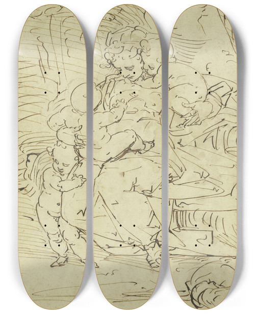 Triptych art skateboard deck of Luca Cambiaso Caritas Unter Bumen Sitzend by Luca Cambiaso (1527-1585)