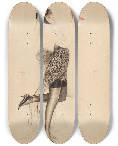 Triptych art skateboard deck of Charles Gates Sheldon Masquerade Ball by Charles Gates Sheldon (1889-1961)
