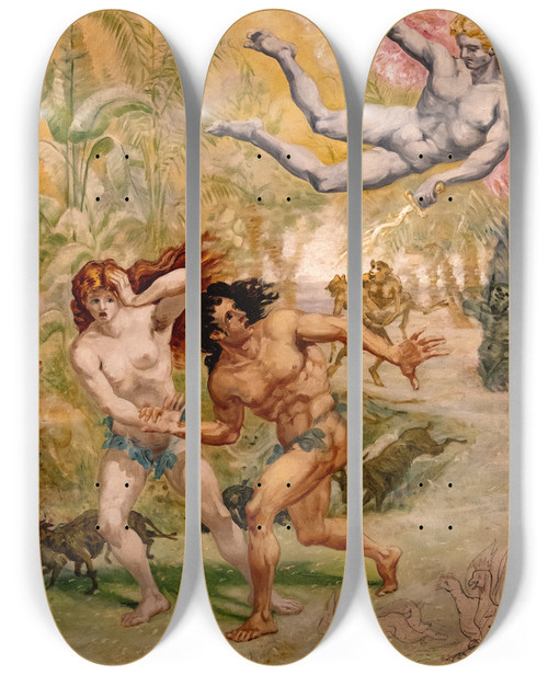 Triptych art skateboard deck of Jeanbaptiste Cariven Eve And Adam Expelled From Paradise by Jean-Baptiste Cariven (1843-1904)