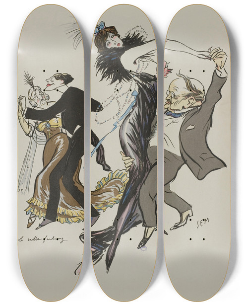 Triptych art skateboard deck of Georges Goursat Sem Le Noble Faubourg by Georges Goursat (Sem) (1863-1934)