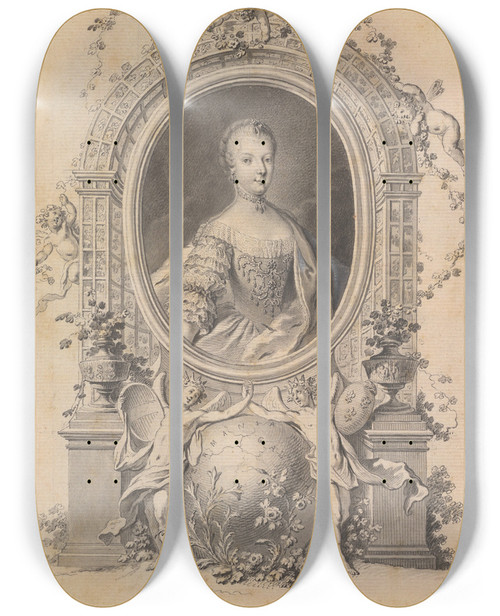 Triptych art skateboard deck of Johann Esaias Nilson Portrait Of Queen Marieantoinette In An Ornamental Frame by Johann Esaias Nilson (1721-1788)