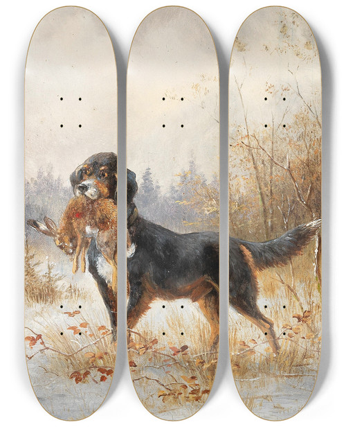 Triptych art skateboard deck of Moritz Mller Ii Hund Mit Hasen by Moritz Mller II (19-)