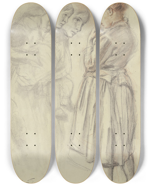 Triptych art skateboard deck of Alois Penz Mutter Mit Kind Und Stehendes Mdchen by Alois Penz (1853-1910)