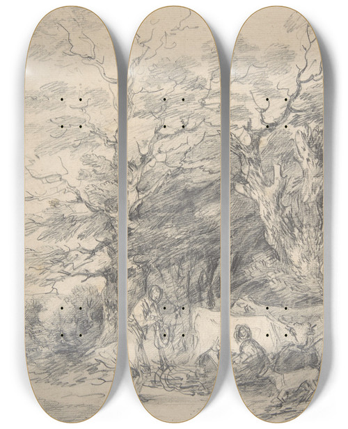 Triptych art skateboard deck of Gainsborough Dupont Landscape With Cattle And Figures Sketch For The Rustic Courtship by Gainsborough Dupont (1754-1797)