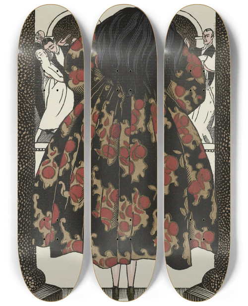 Triptych art skateboard deck of Fernand Simon Le Plaisir A La Mode Manteau Du Soir En Tissu De Bianchini by Fernand Simeon (1884-1928)