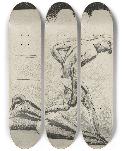 Triptych art skateboard deck of Andr Dunoyer De Segonzac Tableau De La Boxe Illustr De 29 Gravures Leauforte Pl 17 by Andre Dunoyer De Segonzac (1884-1974)