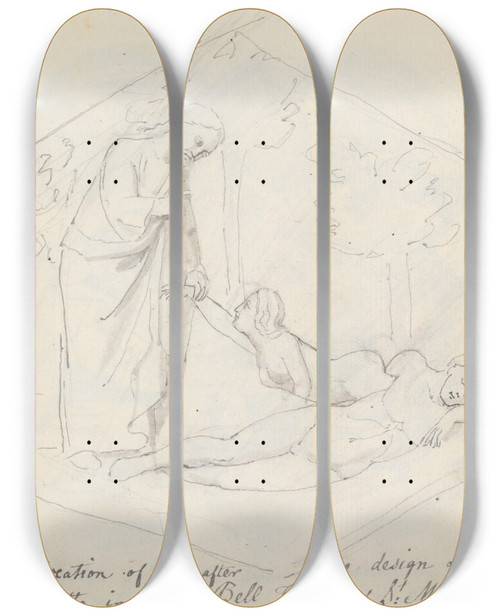 Triptych art skateboard deck of John Flaxman The Creation Of Eve Campanile Of The Florence Duomo by John Flaxman (1755-1826)