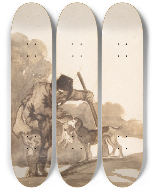 Triptych art skateboard deck of Francisco De Goya Rabbit Hunter With A Retriever by Francisco de Goya (1746-1828)