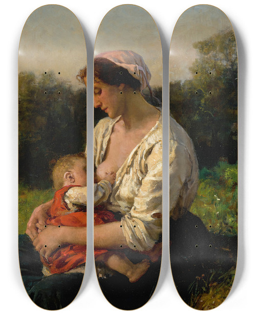 Triptych art skateboard deck of Jules Breton Jeune Mre Allaitant Son Enfant by Jules Breton (1827-1906)