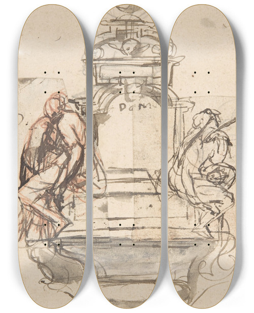 Triptych art skateboard deck of Pieter Verbruggen The Younger Design For A Sepulchral Monument With Two Figures by Pieter Verbruggen The Younger (1648-1691)