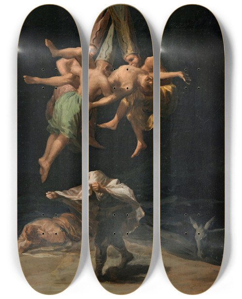 Triptych art skateboard deck of Francisco De Goya Witches Flight by Francisco de Goya (1746-1828)