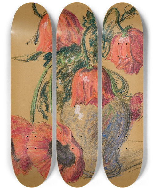 Triptych art skateboard deck of Leon Wyczkowski Poppies In A Vase by Leon Wyczolkowski (1852-1936)