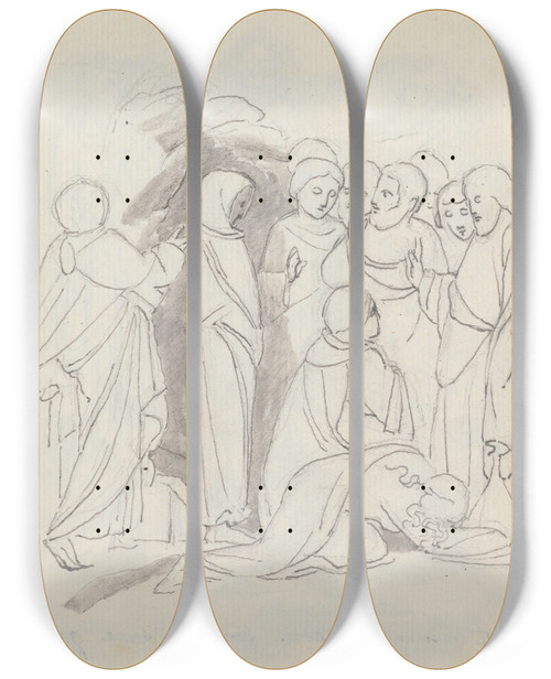 Triptych art skateboard deck of John Flaxman The Raising Of Lazarus From Lorenzo Ghibertis Baptistery Doors Florence by John Flaxman (1755-1826)