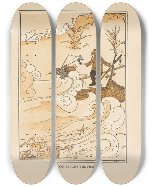 Triptych art skateboard deck of Jean De Bosschre He Soon Caught The Fish by Jean de Bosschre (1878-1953)
