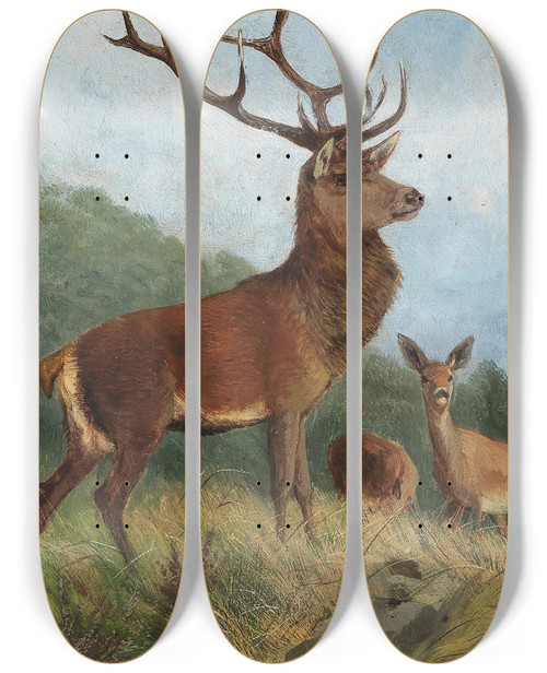 Triptych art skateboard deck of Carl Friedrich Deiker A Dominant Stag by Carl Friedrich Deiker (1836-1892)