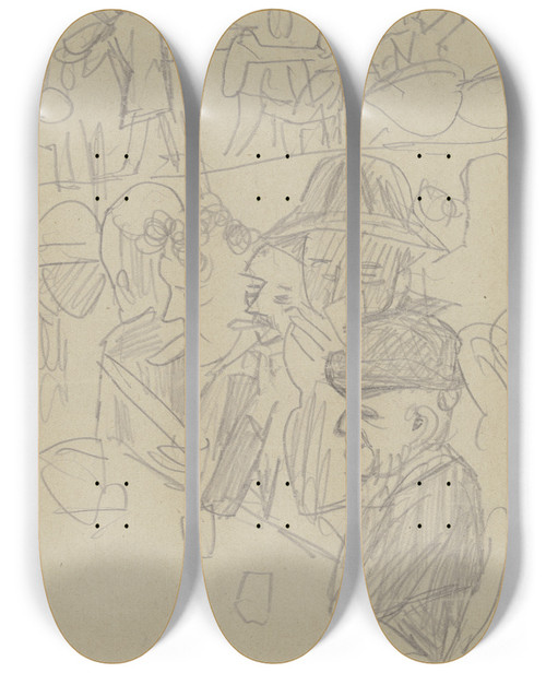 Triptych art skateboard deck of Max Beckmann Mnner An Einem Tisch Mit Glsern Im Hintergrund Eine Musikkapelle by Max Beckmann (1884-1950)