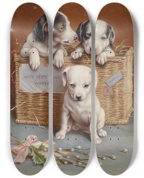 Triptych art skateboard deck of Carl Reichert With Heaty Guud Wishes by Carl Reichert (1836-1918)