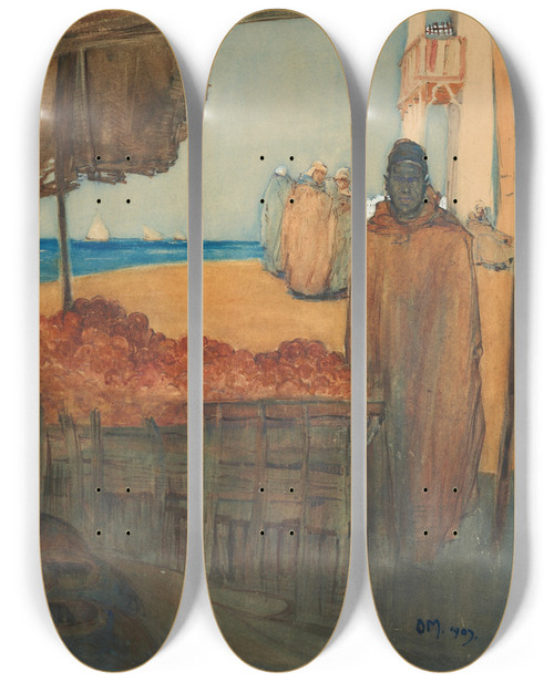 Triptych art skateboard deck of Owen Merton Fruit Stall Port Said by Owen Merton (1887-1931)