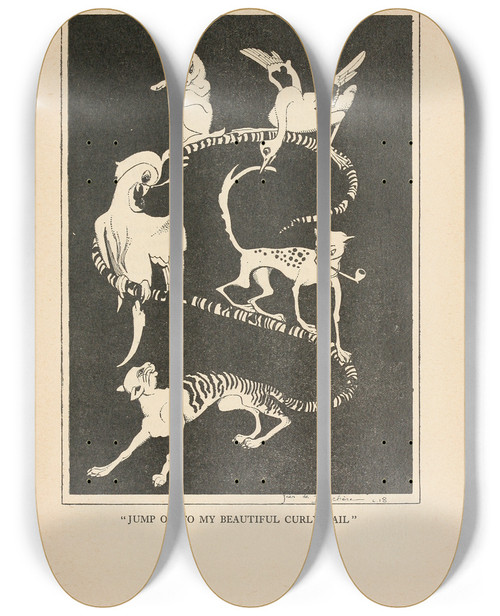 Triptych art skateboard deck of Jean De Bosschre Jump On To My Beautiful Curly Tail by Jean de Bosschre (1878-1953)