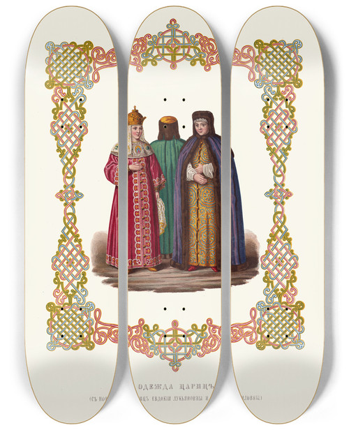 Triptych art skateboard deck of Fedor Grigoryevich Solntsev Odezhda Tsarits S Portretov Tsarits Evdokii Lukianovny I Natalii Kirillovny by Fedor Grigoryevich Solntsev (1801-1892)