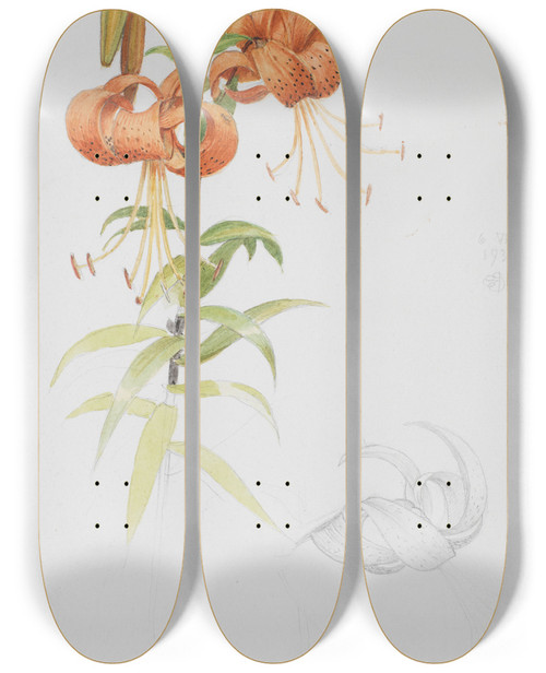 Triptych art skateboard deck of Joseph Edward Southall Tiger Lily by Joseph Edward Southall (1861-1944)