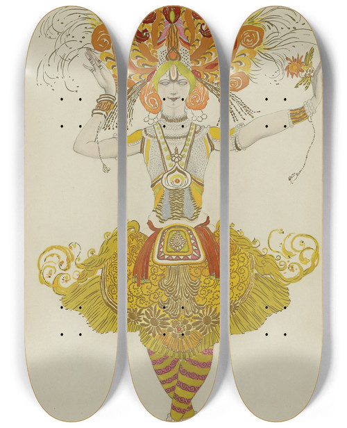 Triptych art skateboard deck of Lon Bakst Costume Design For Firebird by Leon Bakst (1866-1924)