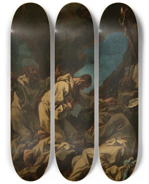 Triptych art skateboard deck of Alessandro Magnasco Three Camaldolese Monks In Ecstatic Prayer by Alessandro Magnasco (1667-1749)